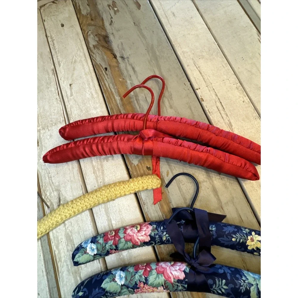 Vintage Red Satin, Blue Floral Fabric & One Crochet Padded Coat Hanger Lot Of 5